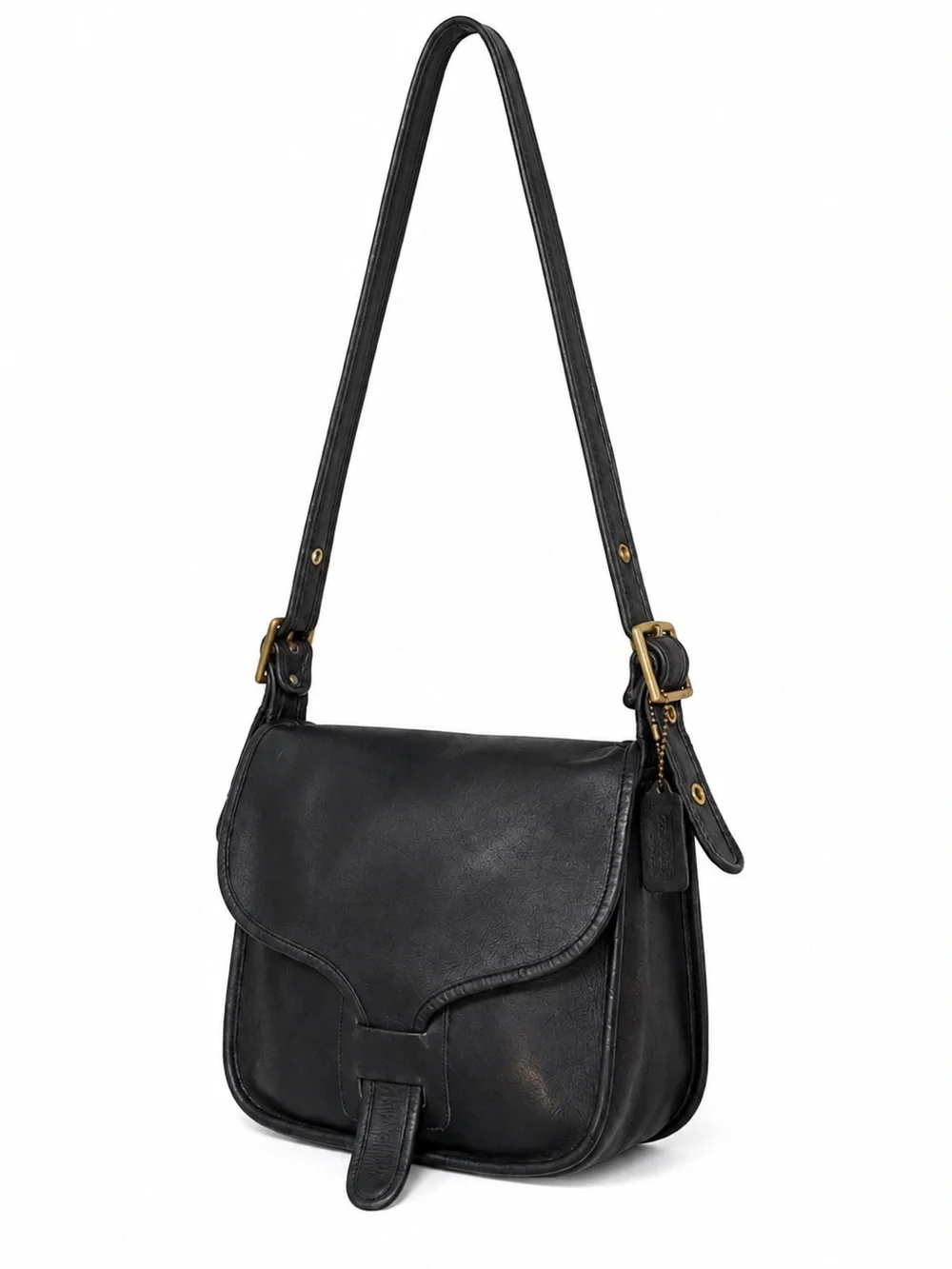 Vintage COACH Courier 1970s Pre-Code Black Glove Tanned Leather Shoulder Bag